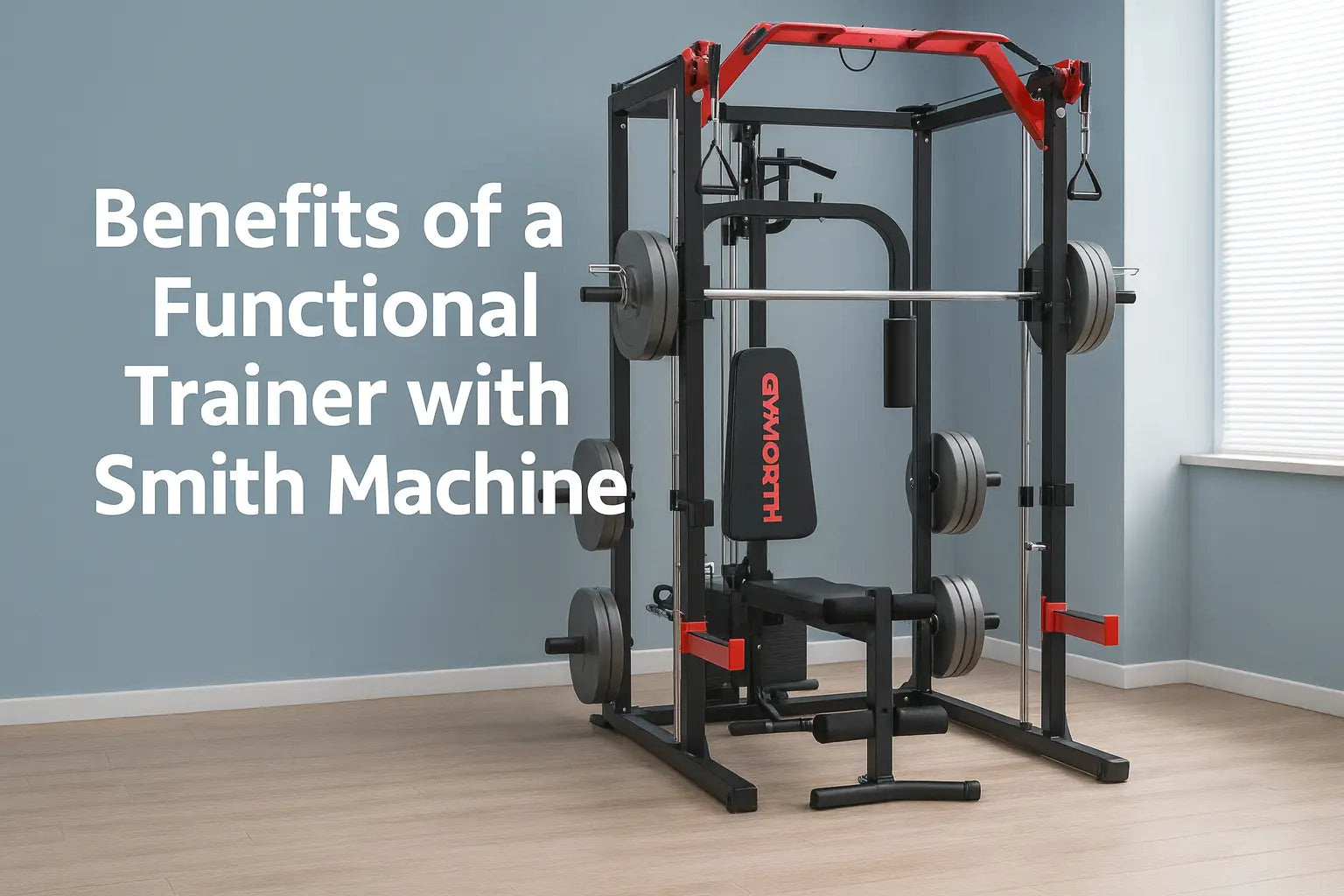 A functional trainer with Smith machine set up in a bright home gym, showing its compact design and versatility for strength training.