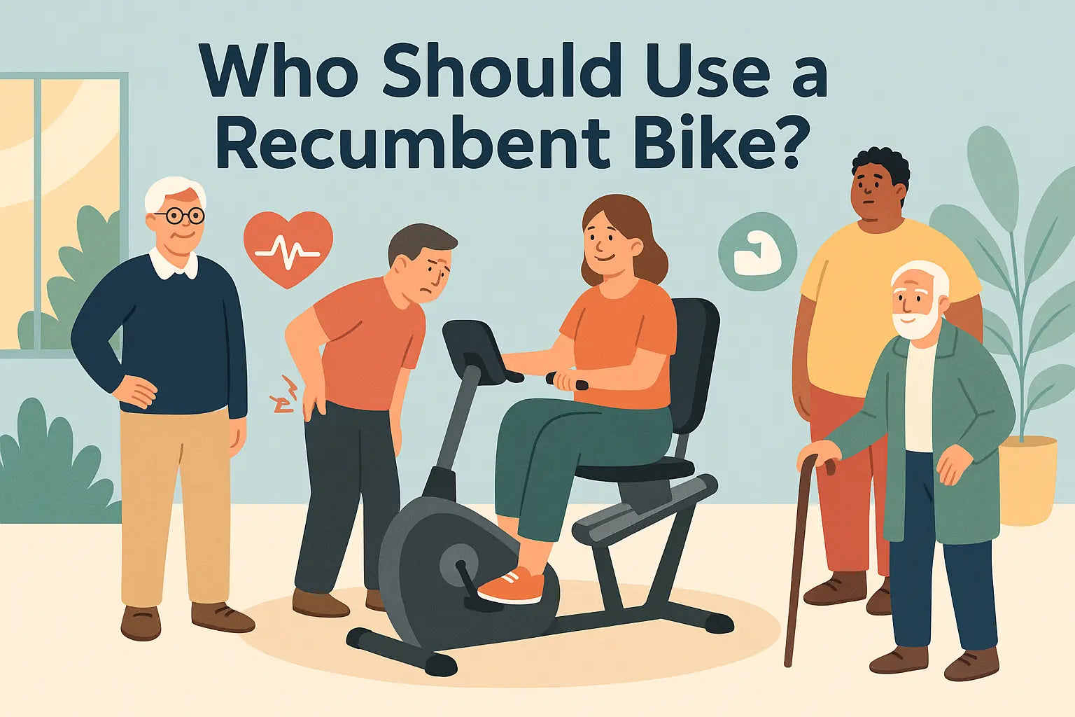 A recumbent bike in a bright indoor setting surrounded by seniors, a person with back pain, an overweight individual, and a rehabilitation patient