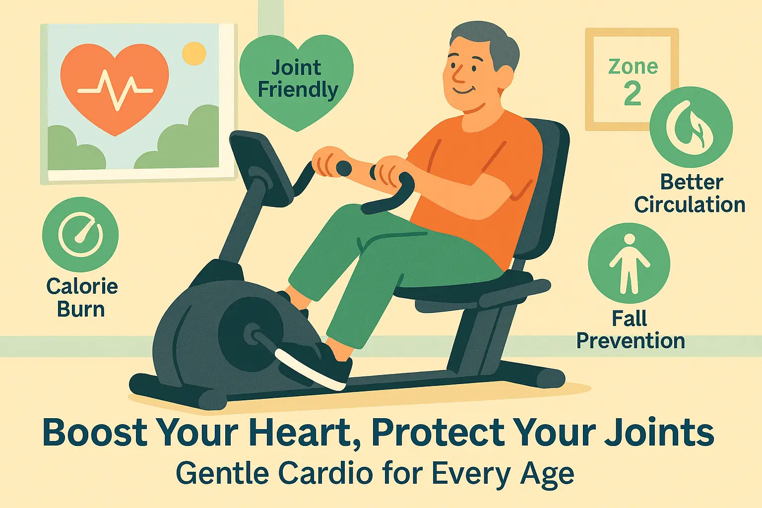 senior riding a recumbent exercise bike at home, surrounded by icons showing joint-friendly, calorie burn, better circulation, and fall prevention benefits.