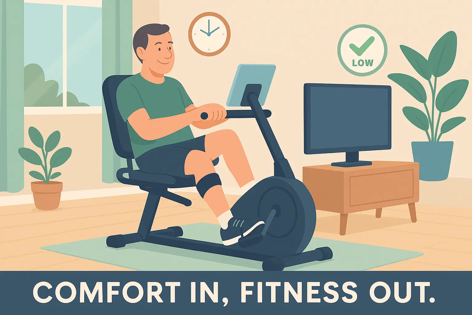 Middle-aged man comfortably riding a recumbent exercise bike at home while watching TV, with a relaxed expression and a Low Impact sign in the background.