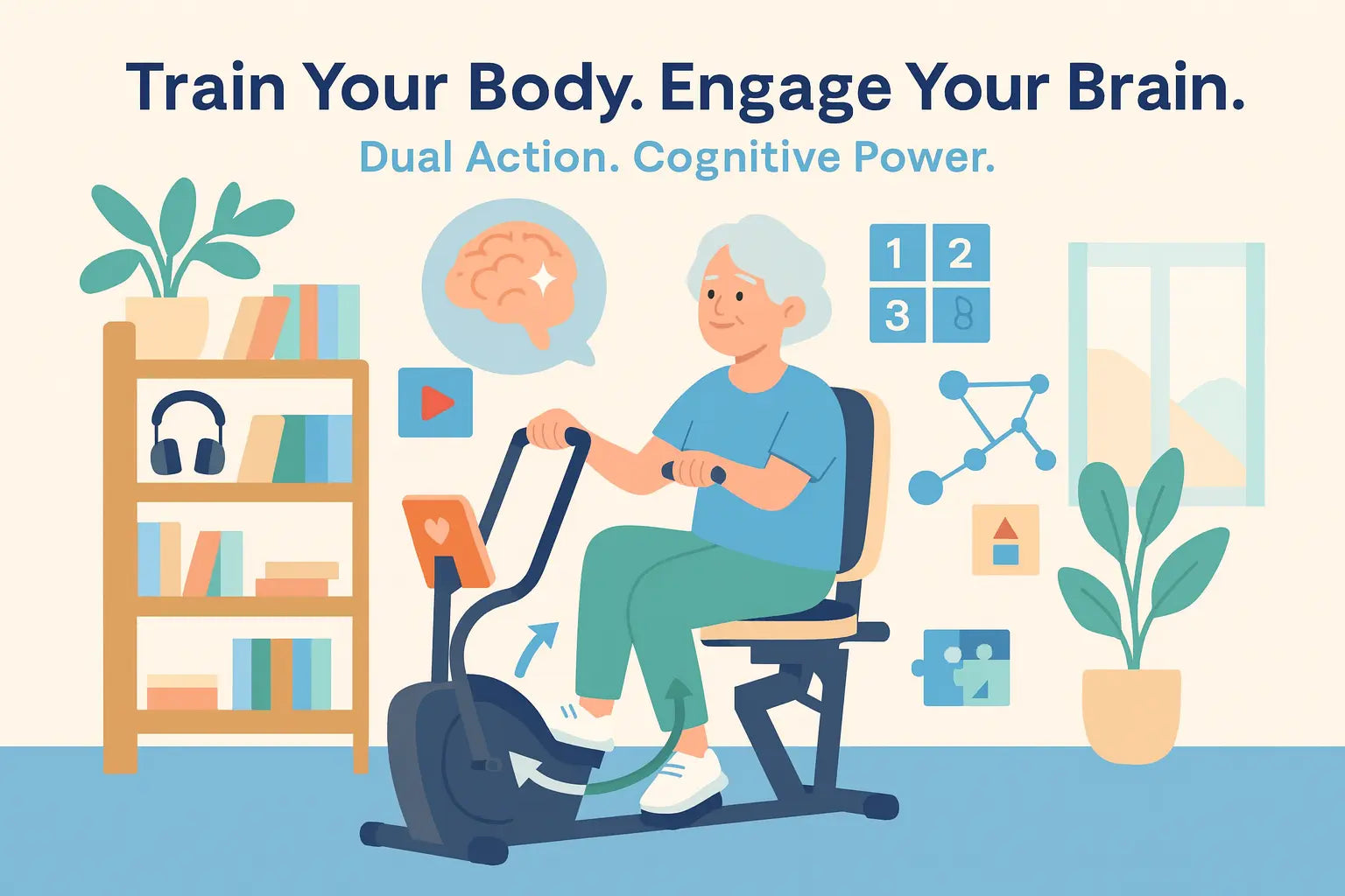 An older woman pedals a recumbent bike in a cozy room, surrounded by books, plants, and brain-training icons, highlighting both physical and mental exercise.