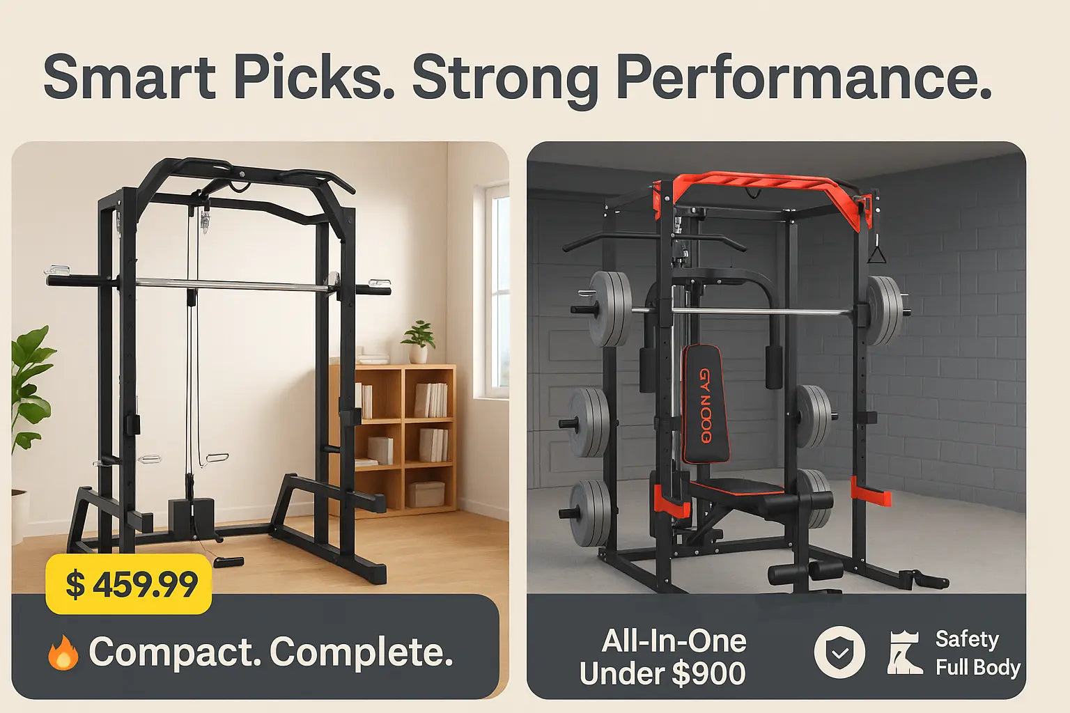 GW1000 and GW2000 Smith machines shown in home settings, highlighting compact size, full-body features, and affordable prices.