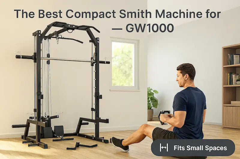 A man uses the GW1000 Smith Machine to perform a cable row in a bright, compact home gym with wood flooring and minimalist decor.