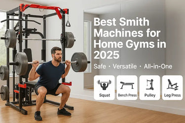 A man doing squats with a barbell on a Smith machine in a bright home gym, with text reading Best Smith Machines for Home Gyms in 2025 – Safe, Versatile, All-in-One and icons showing exercise functions.