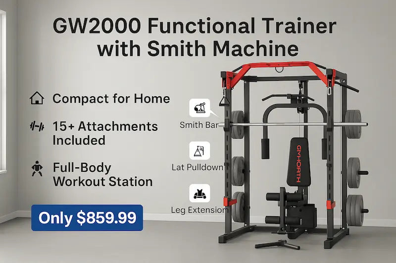 ChatGPT said: GW2000 functional trainer with Smith machine in a home gym setting, showing labeled features like Smith bar, lat pulldown, and leg extension for full-body workouts.