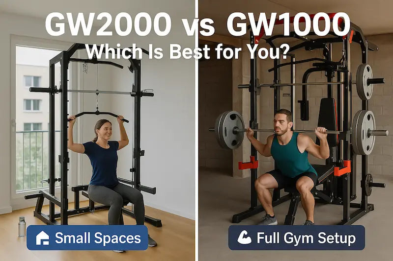 Side-by-side view of two Smith machines in home settings—GW1000 used by a woman in a small apartment, and GW2000 used by a man in a spacious home gym.