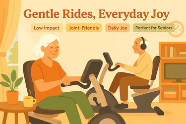An elderly couple rides recumbent bikes in a cozy, sunlit living room—she smiles with a cup of tea nearby, while he listens to headphones—capturing a peaceful daily wellness routine.