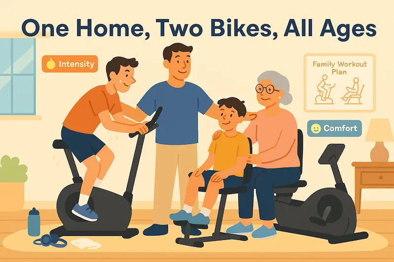 Family exercising at home with a teen on an upright bike and a senior on a recumbent bike.