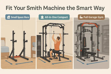 Three types of Smith machines shown in home settings: a compact squat rack in a bedroom, a multifunctional unit in a small room, and a full-size all-in-one machine in a garage gym—each with labeled clearance space and setup suggestions.