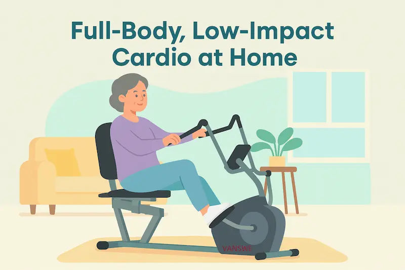 an older woman exercising on a recumbent bike with moving arms in a bright, cozy living room