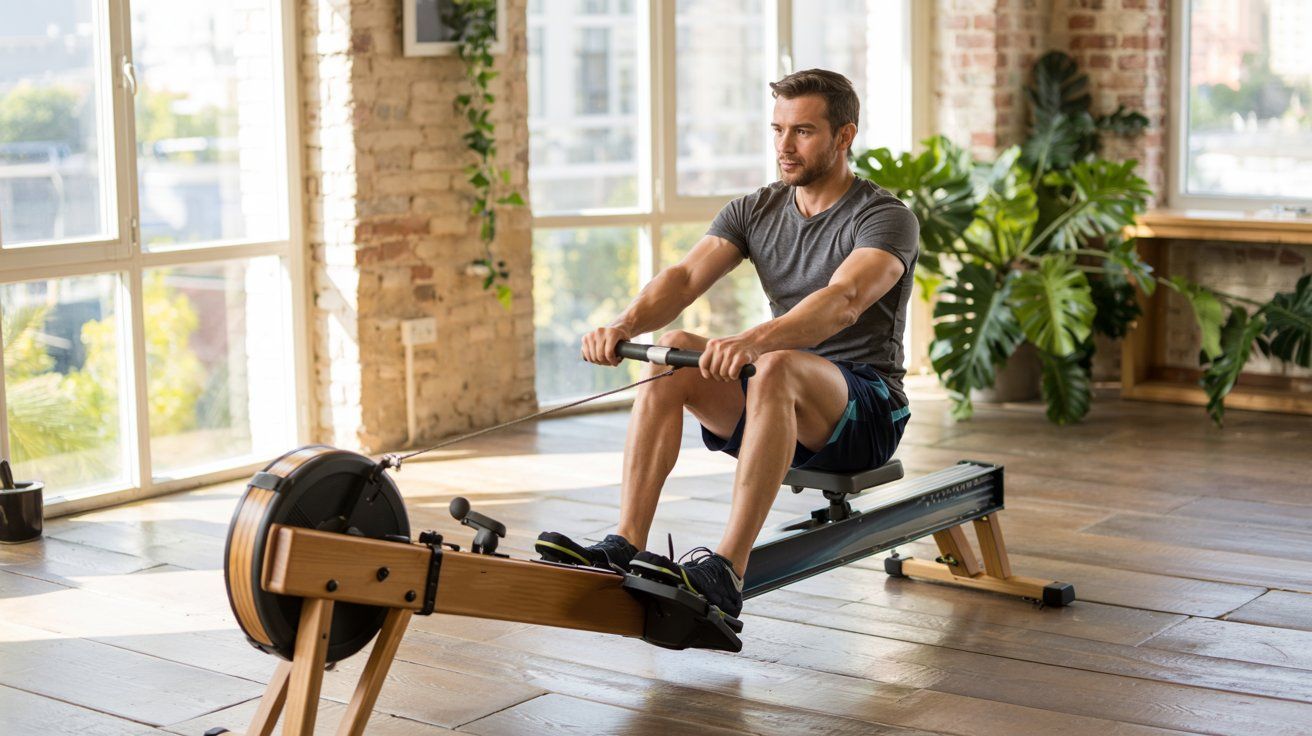 A fit middle-aged man exercising on a wooden water rowing machine in a bright, modern loft apartmen