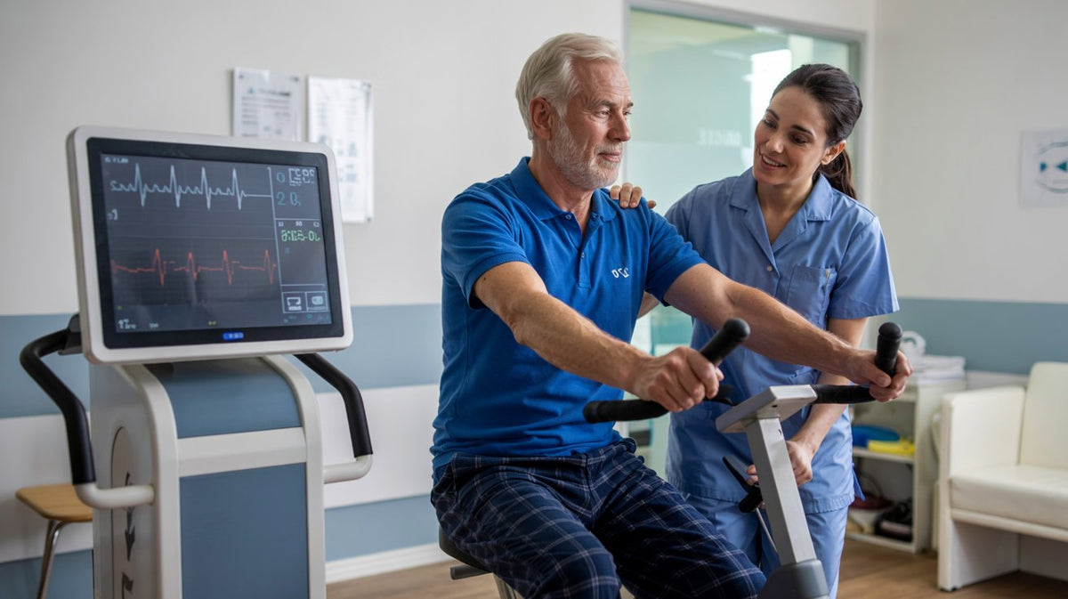 A senior man wearing a blue polo shirt is exercising on a recumbent bike, assisted by a female healthcare professional in blue scrubs.