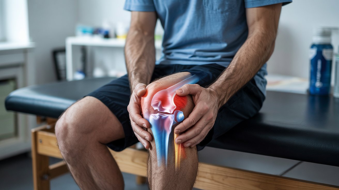 A person sitting on a medical examination bench, holding their knee with both hands