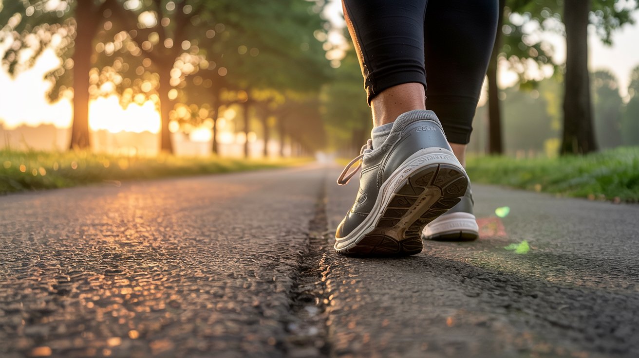 A close-up shot of a person walking on a paved path in a park during sunrise