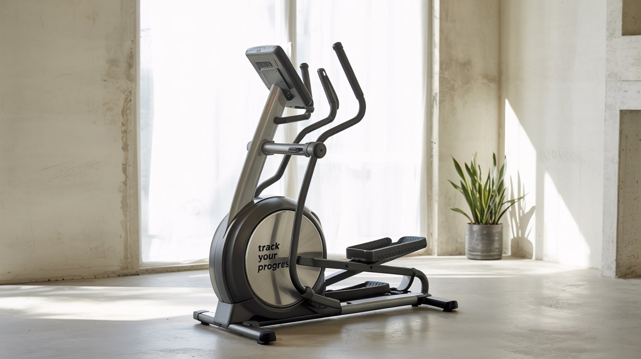 A photograph of a sleek, modern elliptical machine positioned in a minimalist home gym