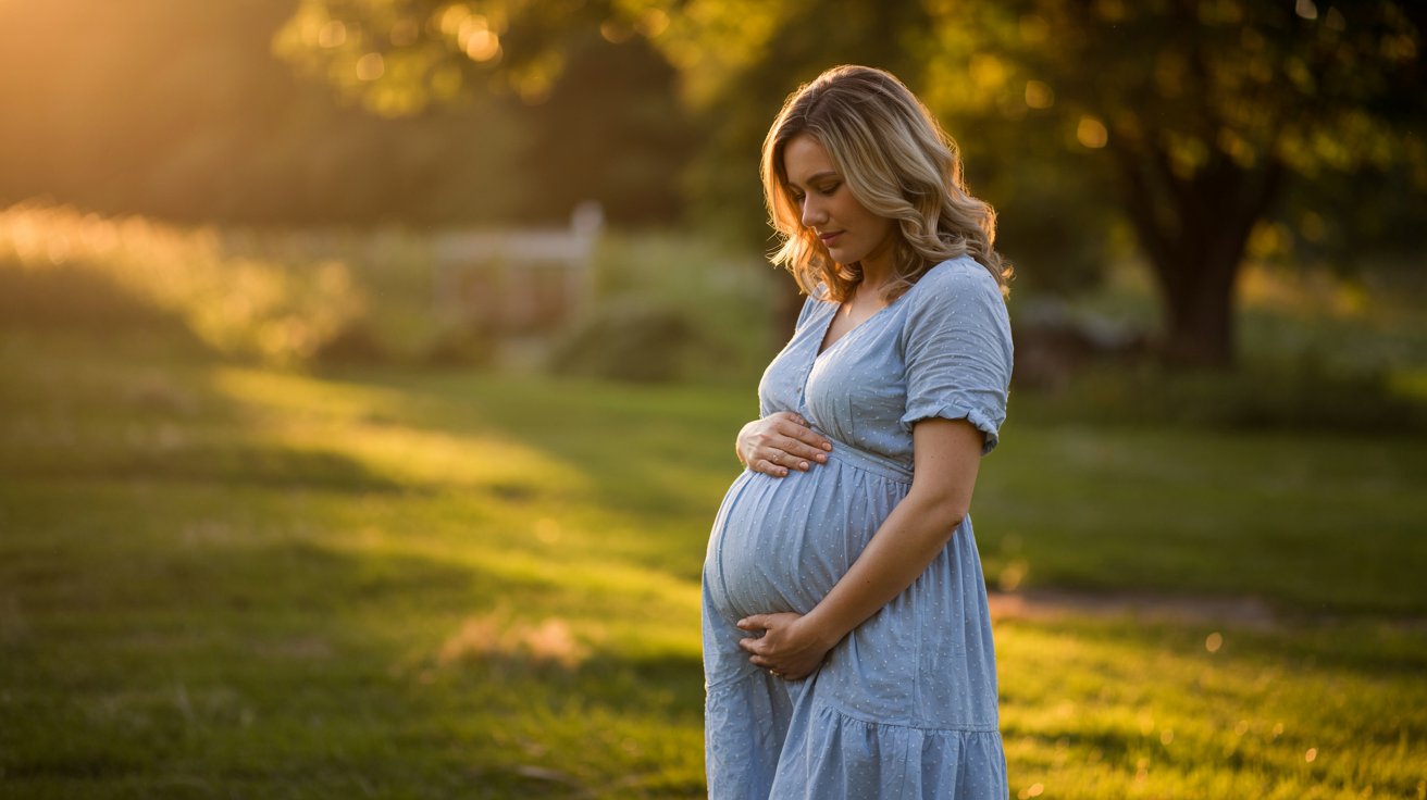 A pregnant woman in a light blue dress gently holding her belly with both hands, standing in a sunlit grassy park.