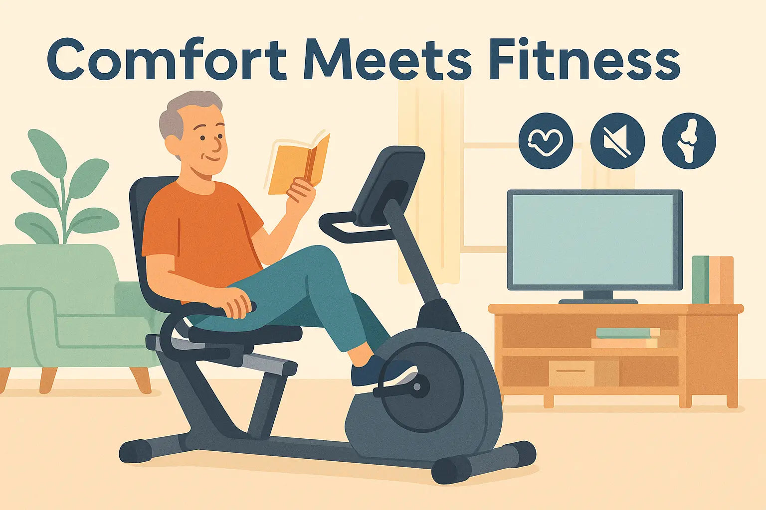 A middle-aged man rides a recumbent exercise bike with a reclined seat and backrest in a cozy living room, reading a book while exercising.