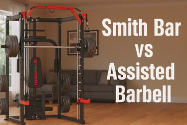 A Smith machine set up in a modern home gym with the text Smith Bar vs Assisted Barbell displayed on the right side.