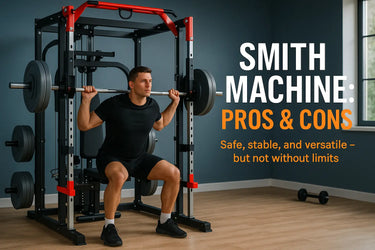 A man performing a squat on a Smith machine in a modern home gym, with bold text highlighting the pros and cons of using the equipment