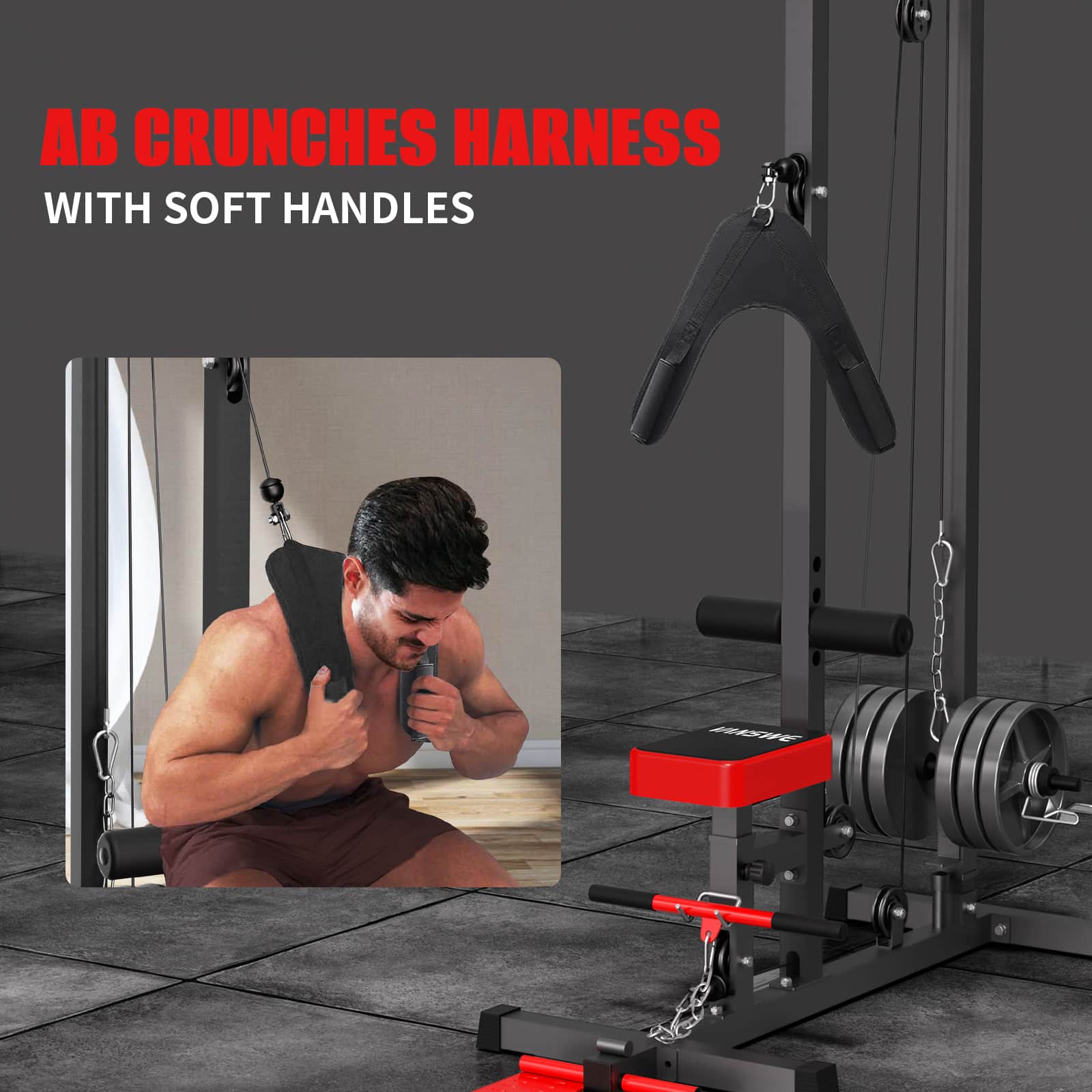 a man is doing ab crunch on a home cable machine