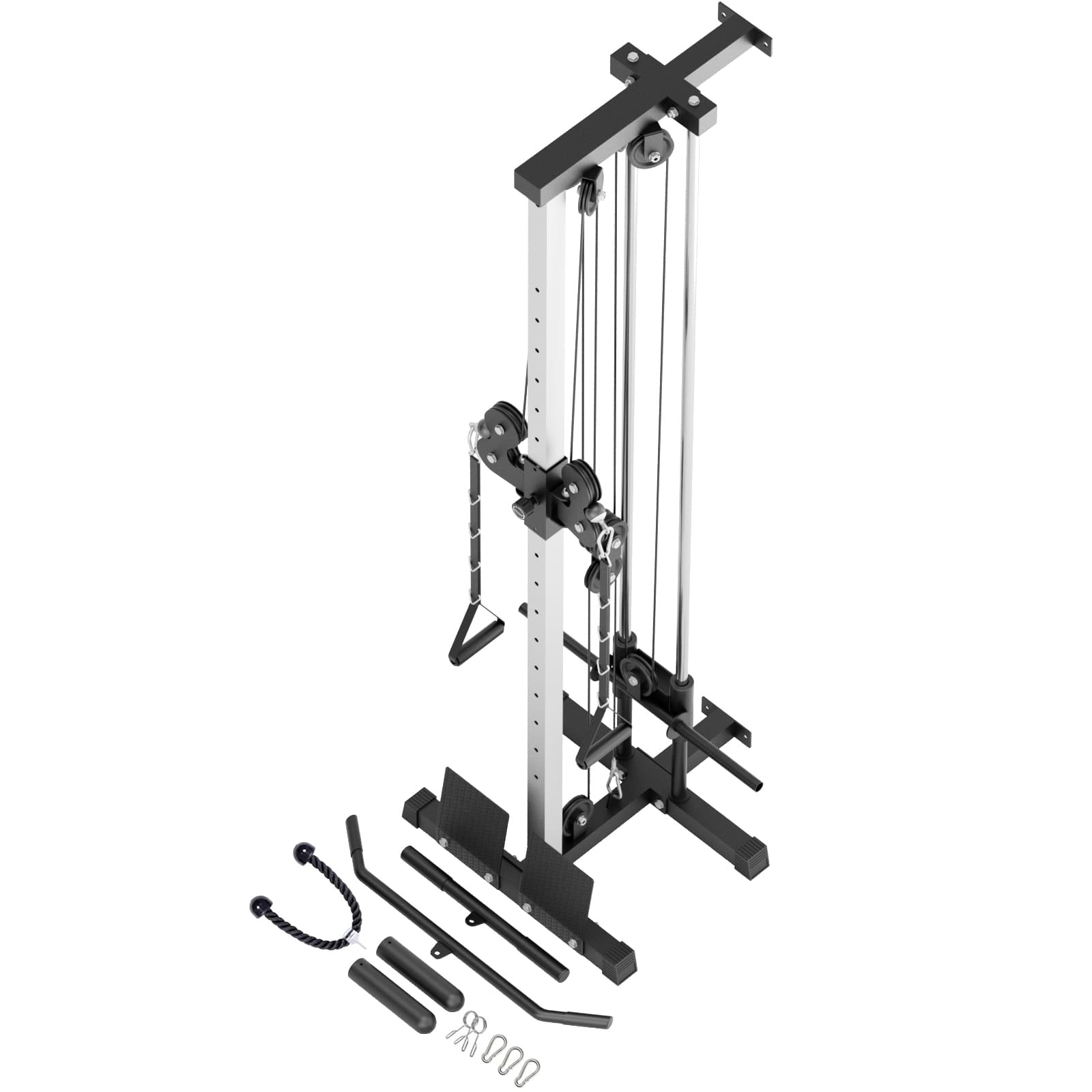 a black and silver lat pulldown machine