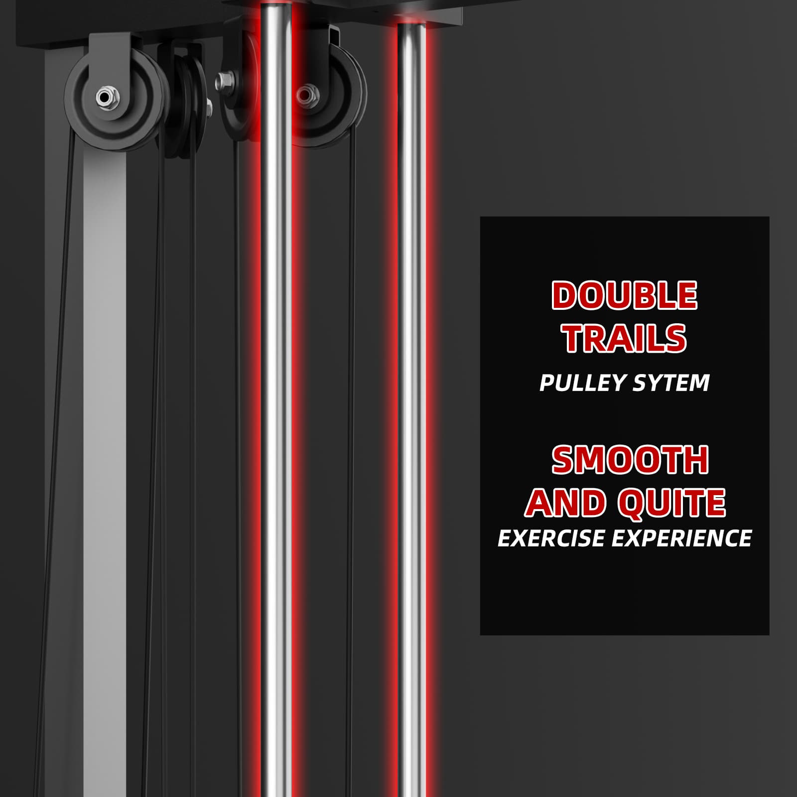 The silver lat pulldown and row machine has a double trail pulley system.