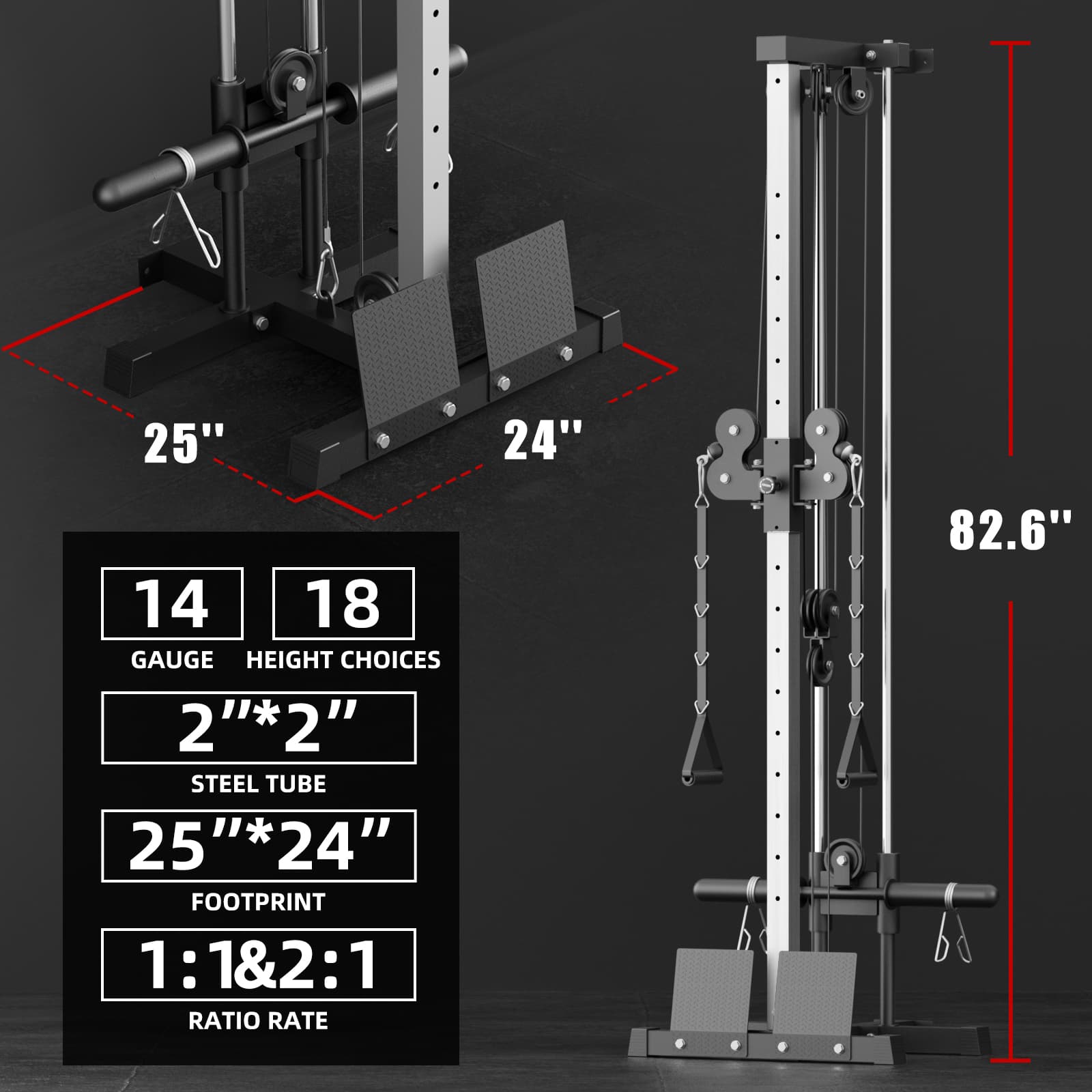 this silver and black lat pulldown cable machine is 25*24*82.6 inch size.
