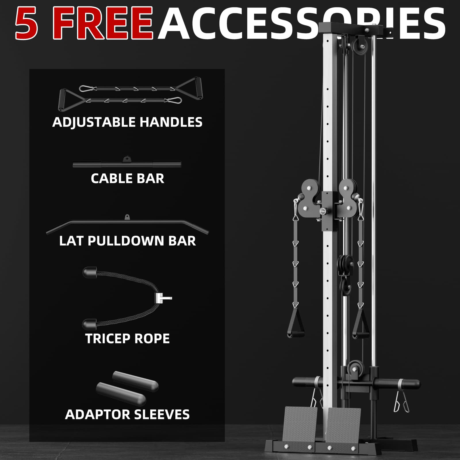 this best lat pulldown machine come with handles, lat pulldown bars, rope and adaptor sleeves.