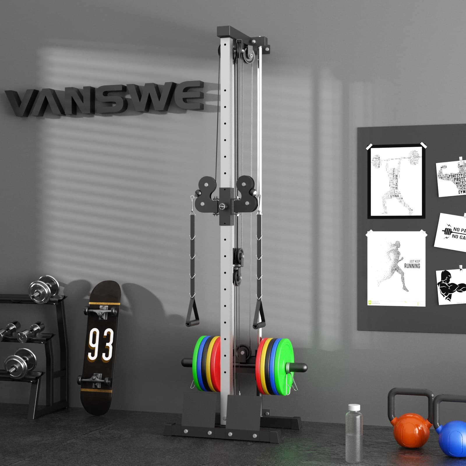 a plate loaded lat pulldown machine is in a room.