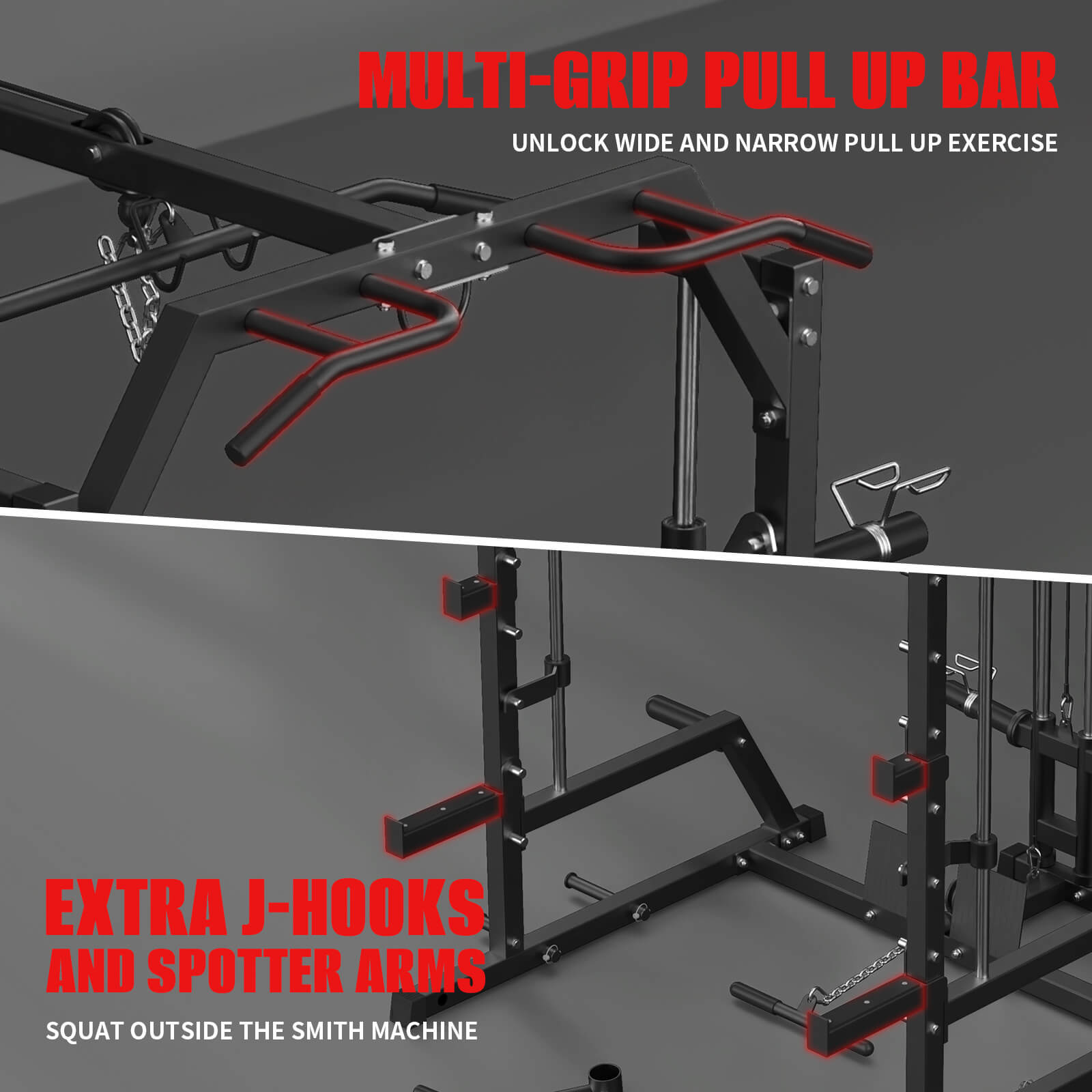 This best home smith machine has muli-grip pull up bar and longer j-hooks