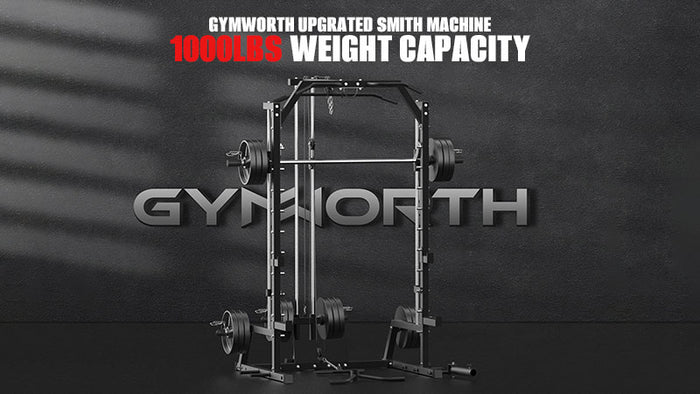 A compact Smith machine placed in a room with a black background, sunlight shining on the fitness equipment.