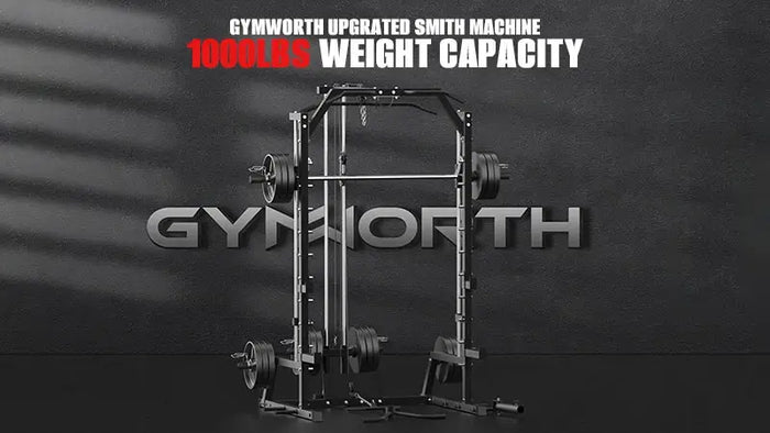 A compact Smith machine placed in a room with a black background, sunlight shining on the fitness equipment.