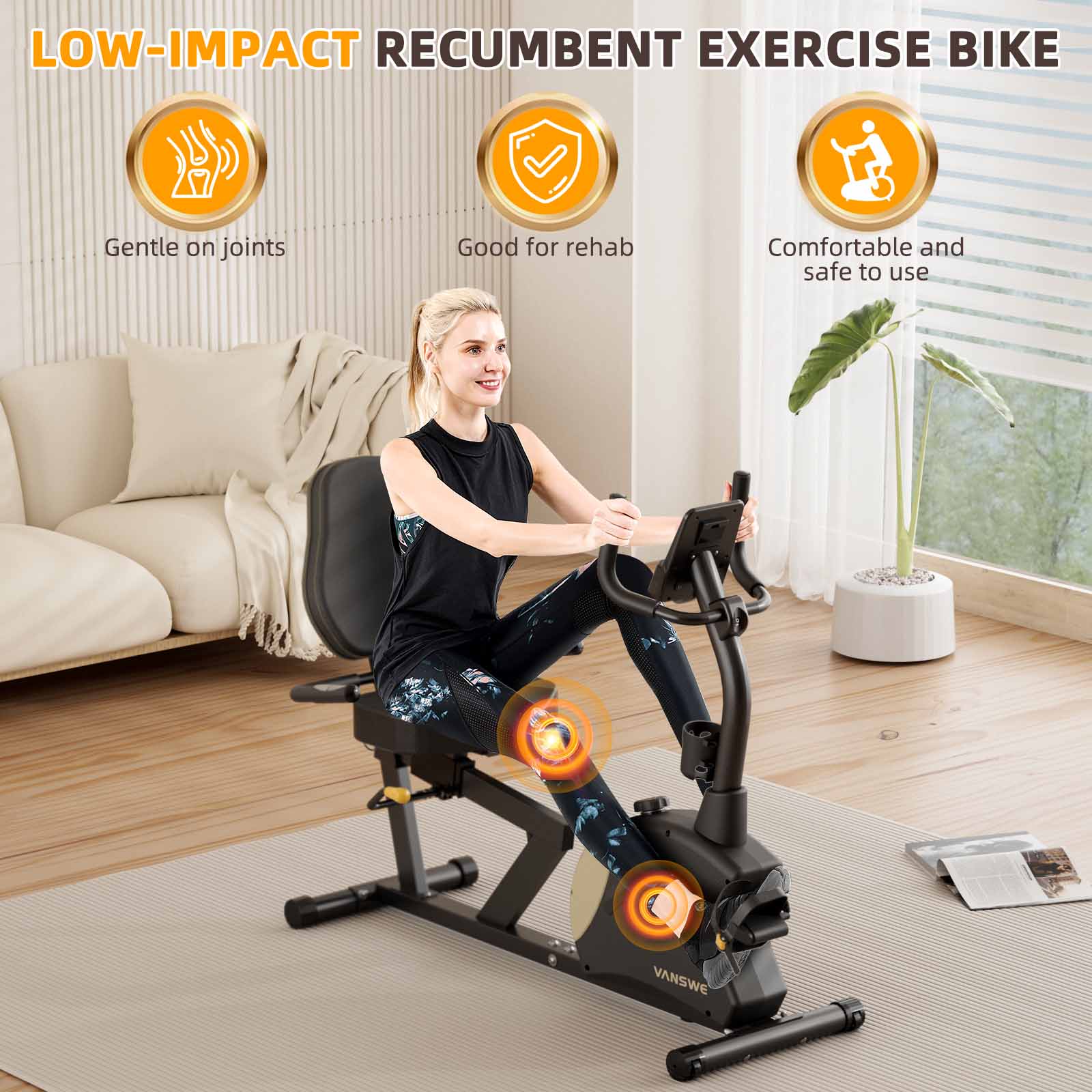 This best recumbent exercise bike is nearby a sofa in a room.
