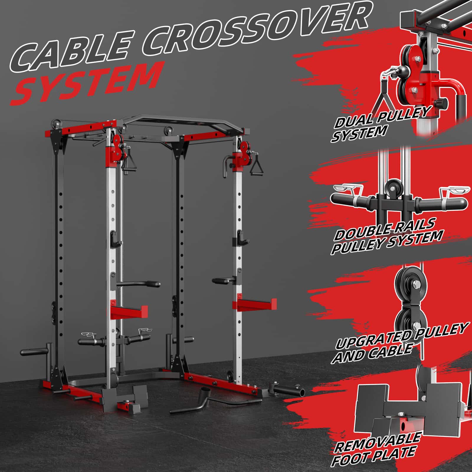 The best power rack with pulley system come with dual pulley system, double rails and removable foot plate.