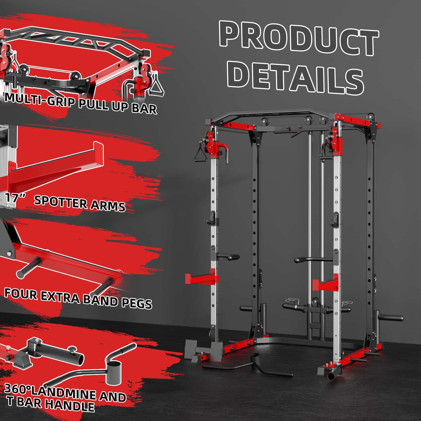 The home gym power rack has pull-up bar, spotter arms.
