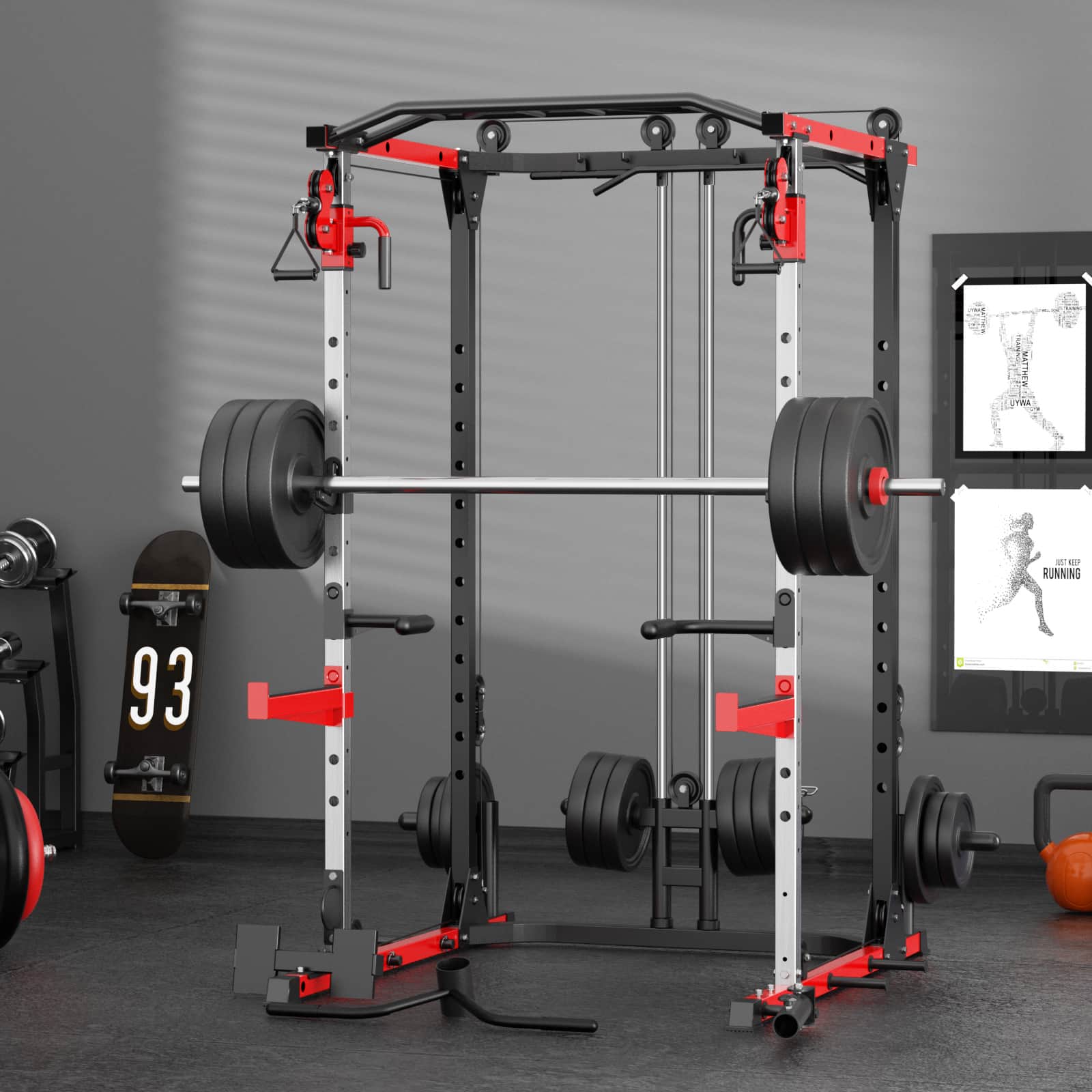 The gymworth power rack with cable system is in a room.