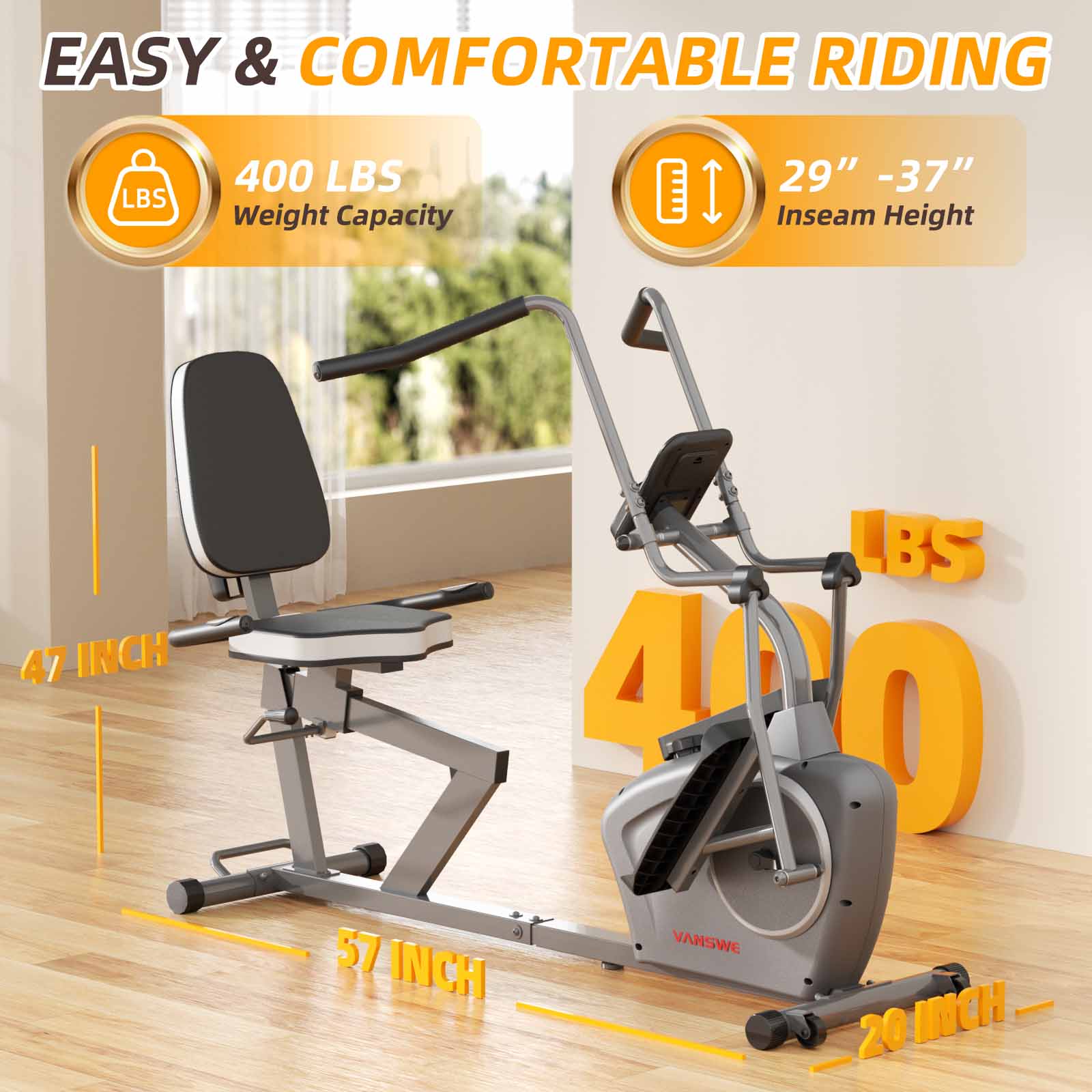 the recumbent bike with arm exerciser is 57*20*47 inch and 400 lbs weight capacity.