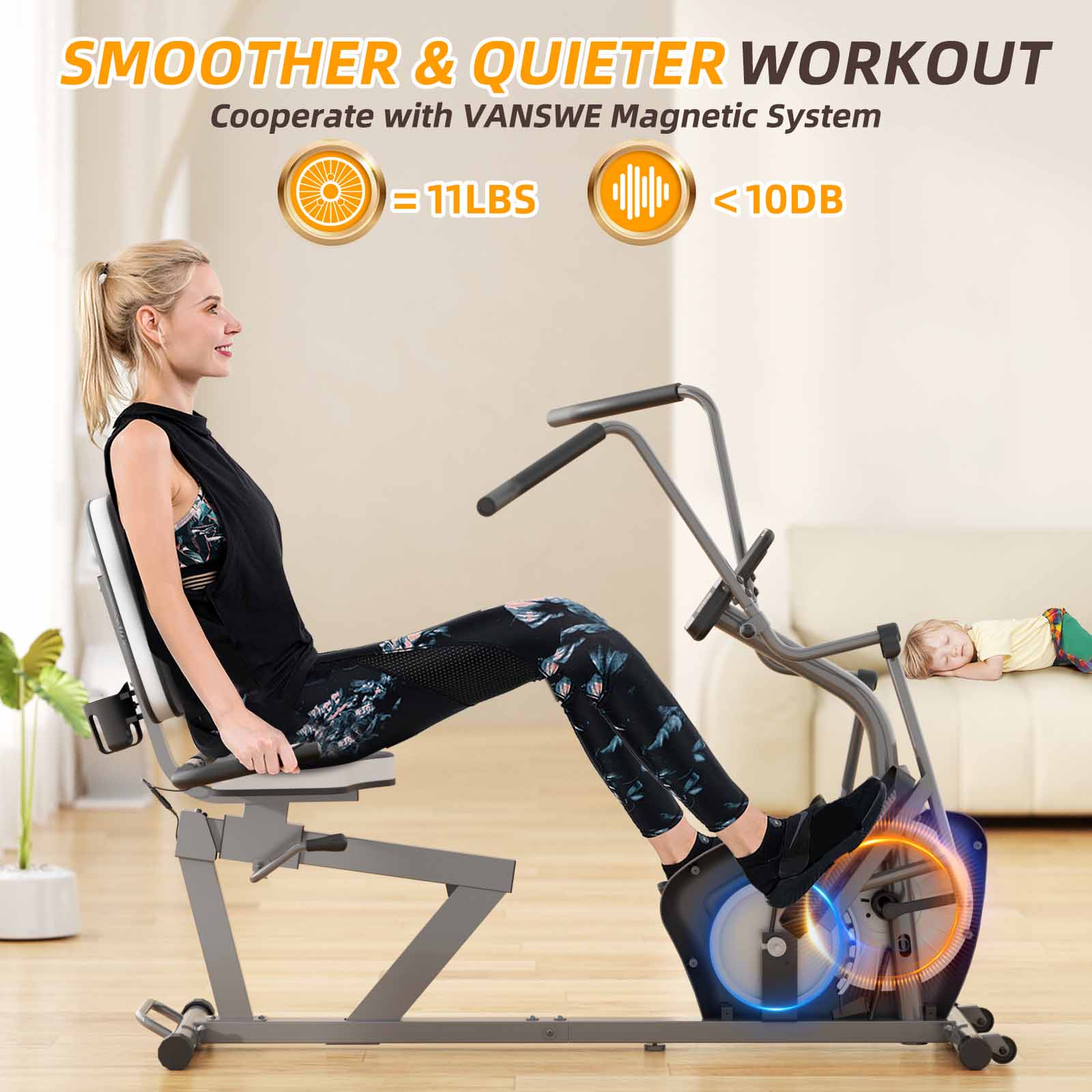 a person is working out on a quite recumbent stationary bike and her son is sleeping on a sofa near by.