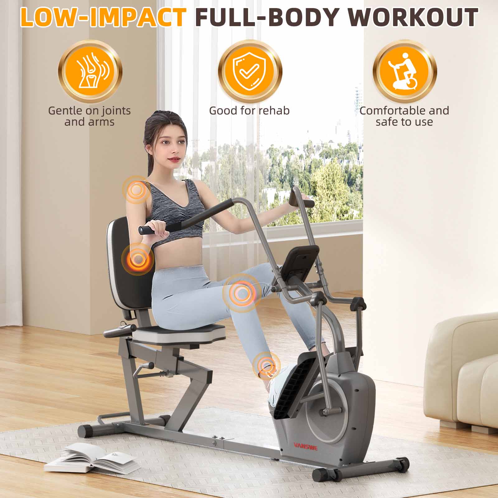 a women is riding on a low impact recumbent exercise bike in her home