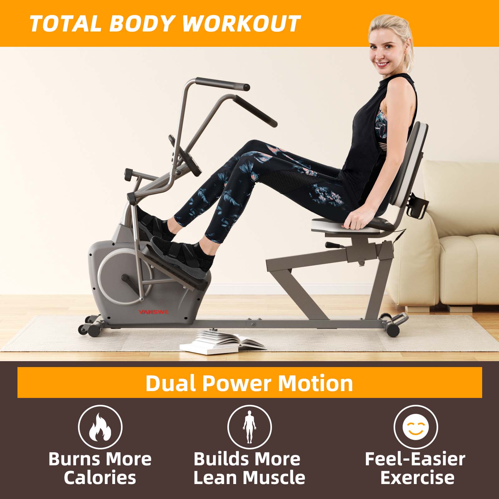 a person is sit on a recumbent bike with arm exerciser