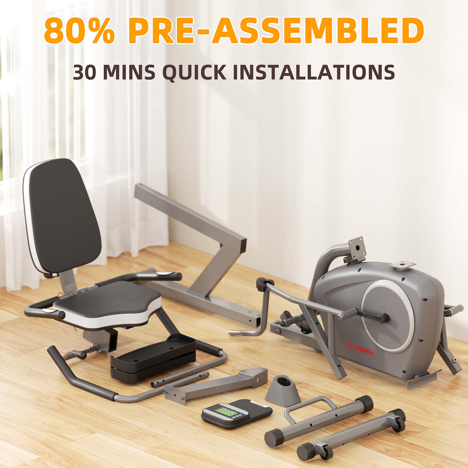 the exercise bike recumbent is 80% pre-assembled