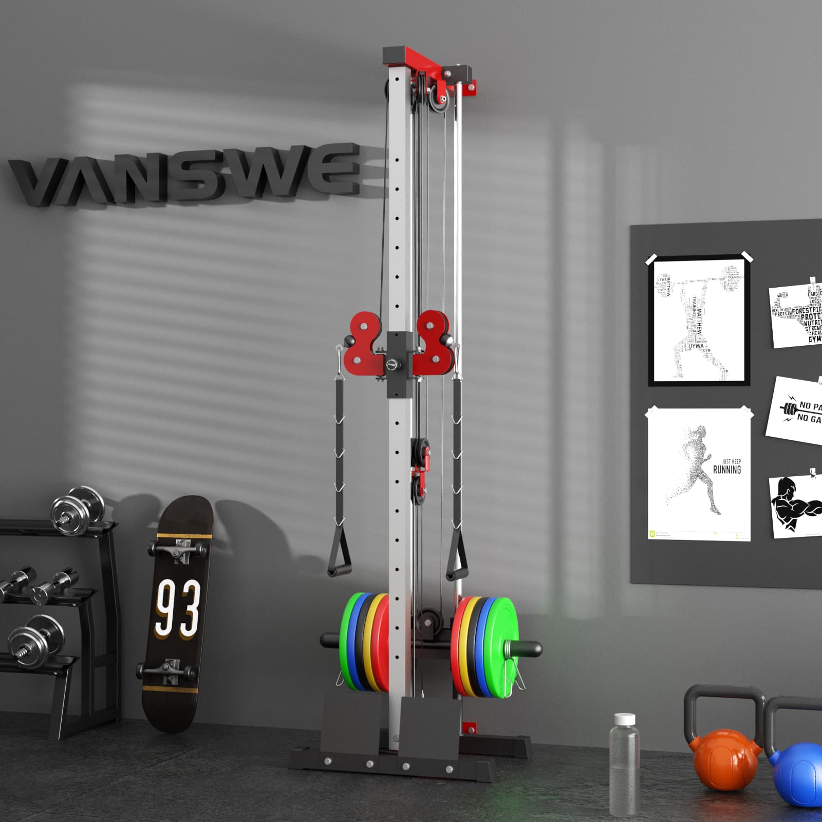 The lat pulldown machine for home is in a room