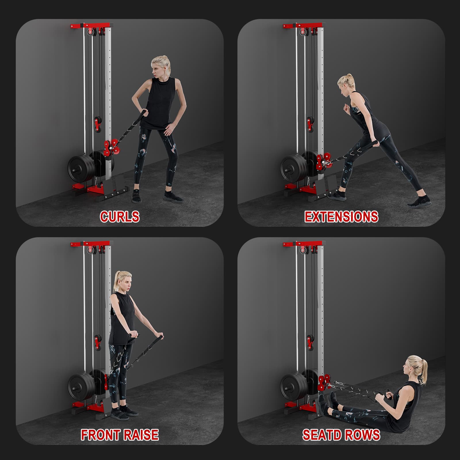 a person is doing curls, extensions, front raise and seated rows on a single arm lat pulldown machine