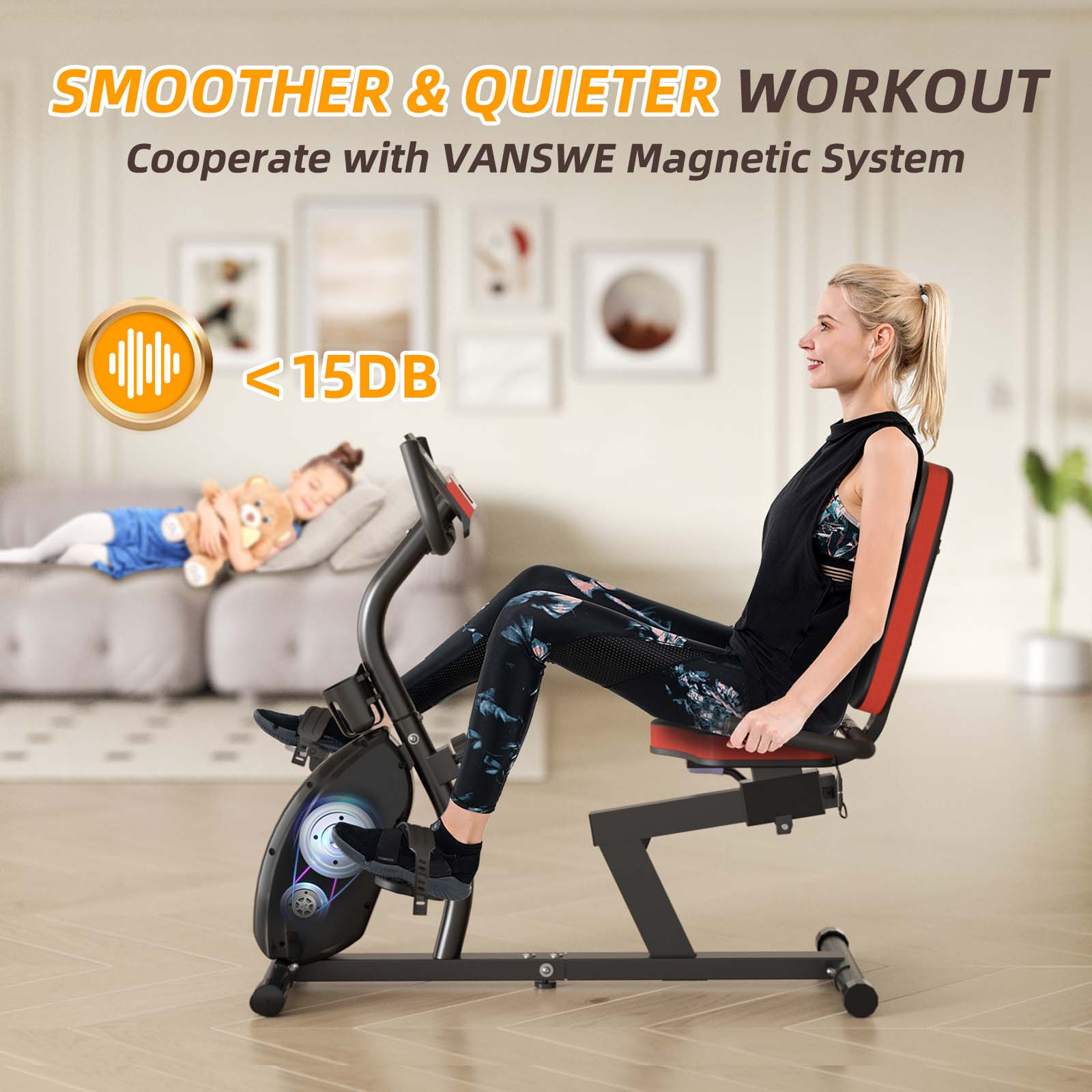 a person is riding on a quite recumbent exercise bike while her kid is sleeping on a sofa near by her.
