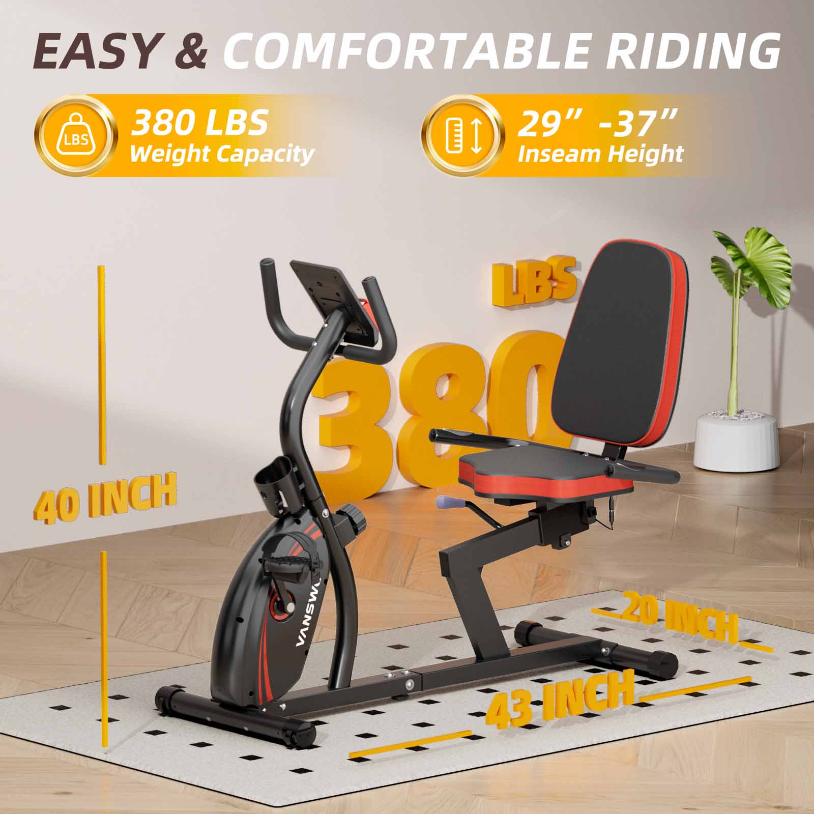 this red recumbent stationary bike is for 29-37 inch inseam height