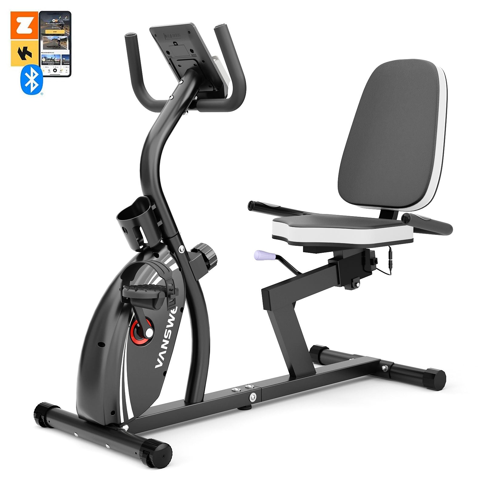 a silver and black recumbent bike in a white background