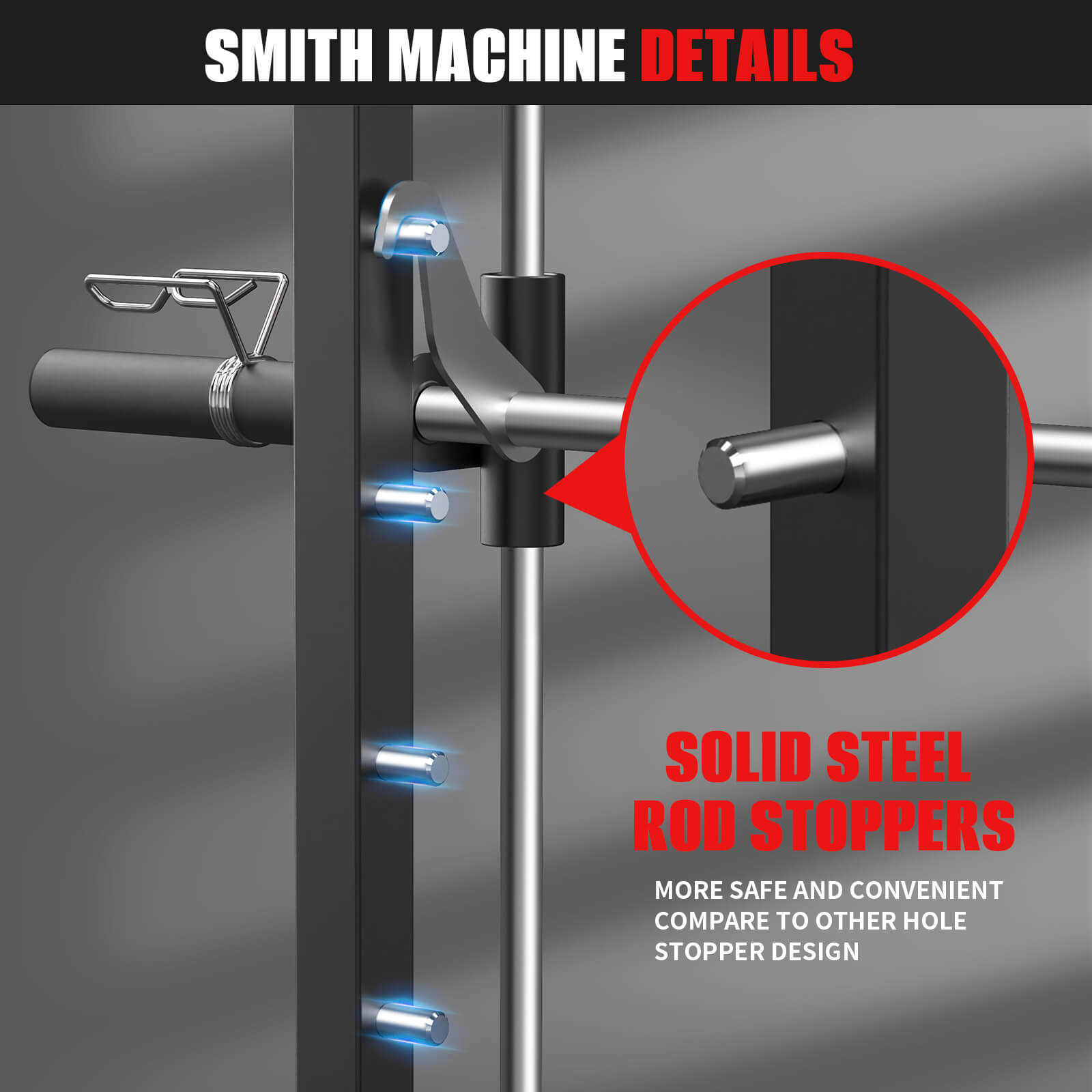 Vanswe home gym smith machine use round steel for barbell hooking.