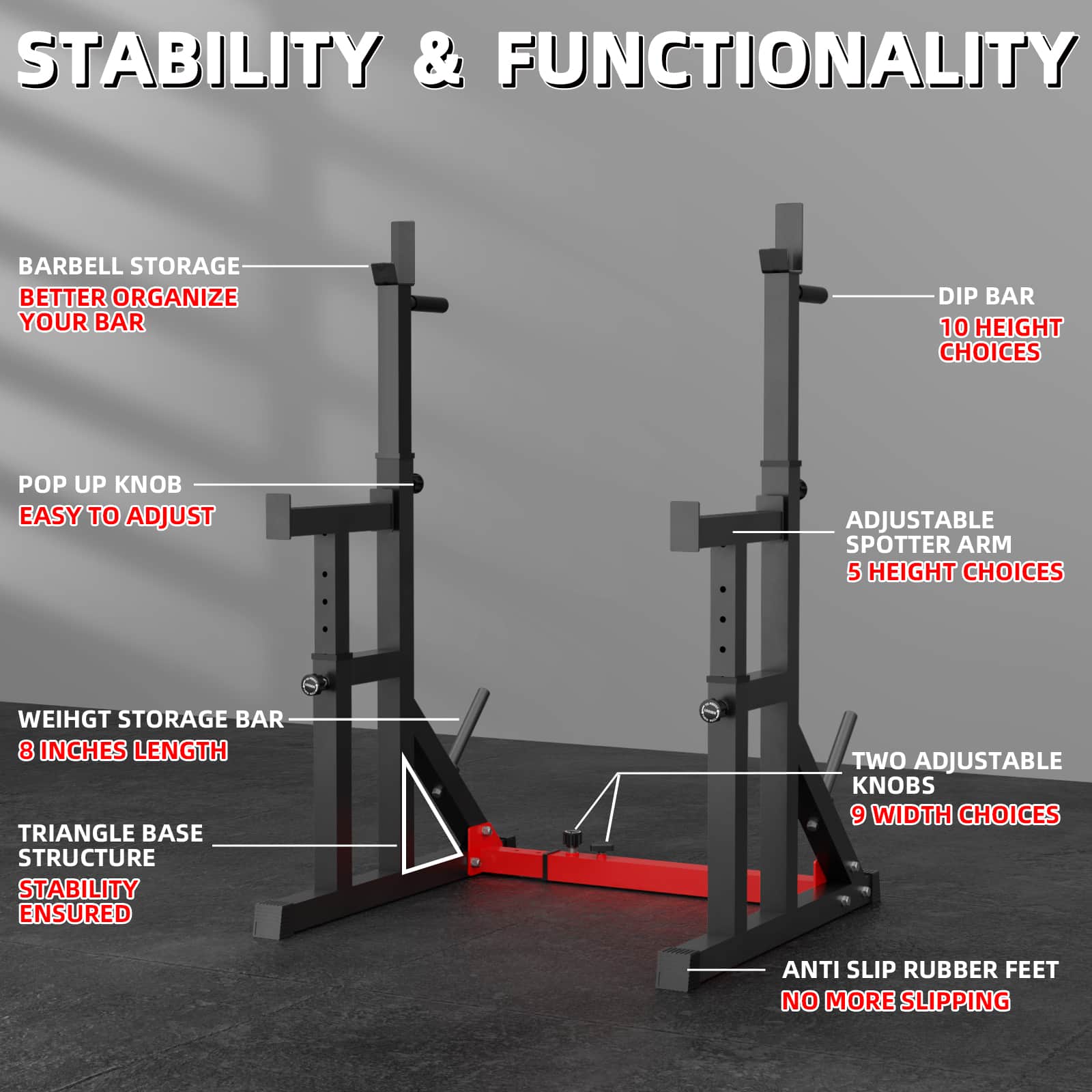 the squat rack is easy to adjust and use.