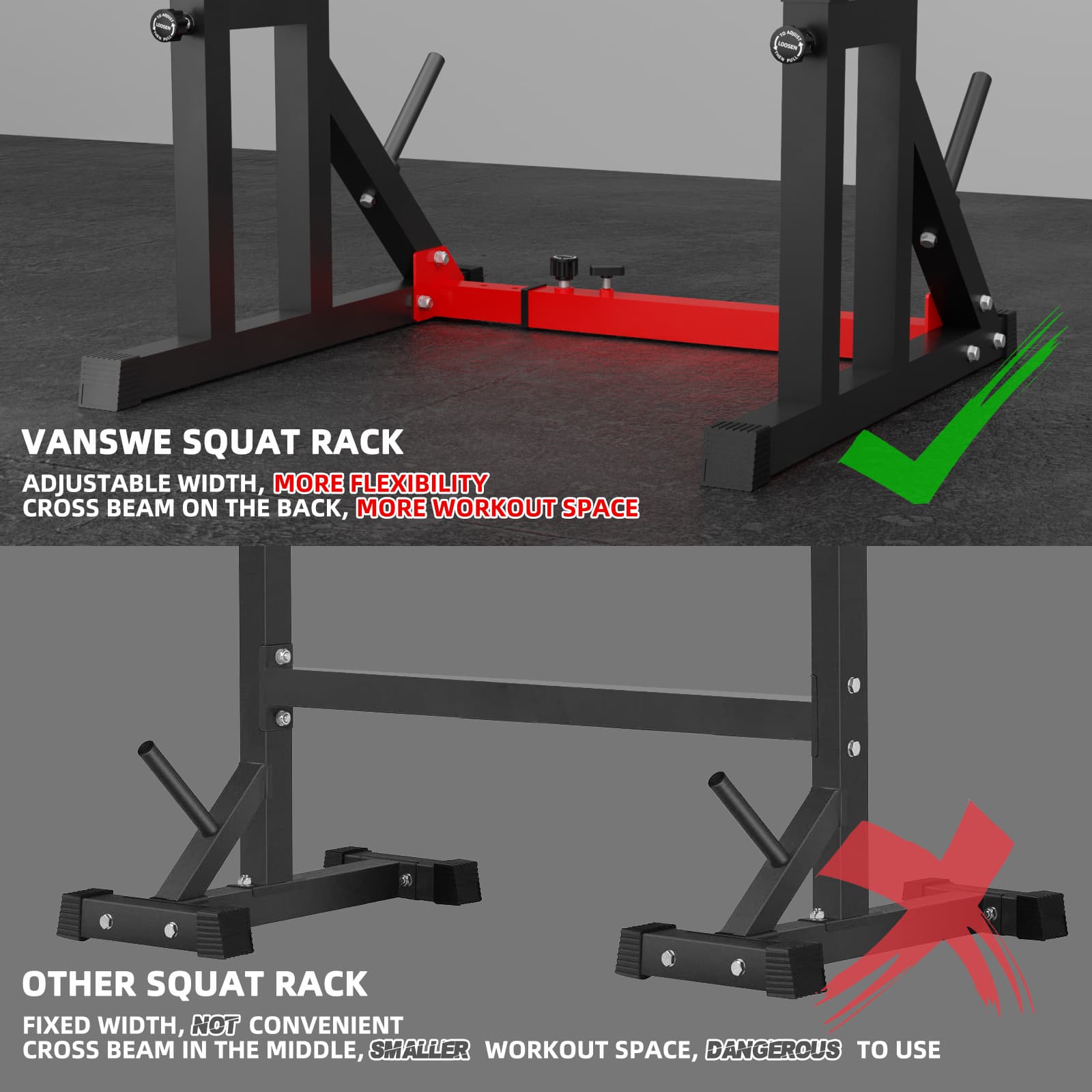 the vanswe squat rack home gym has large space for standing.