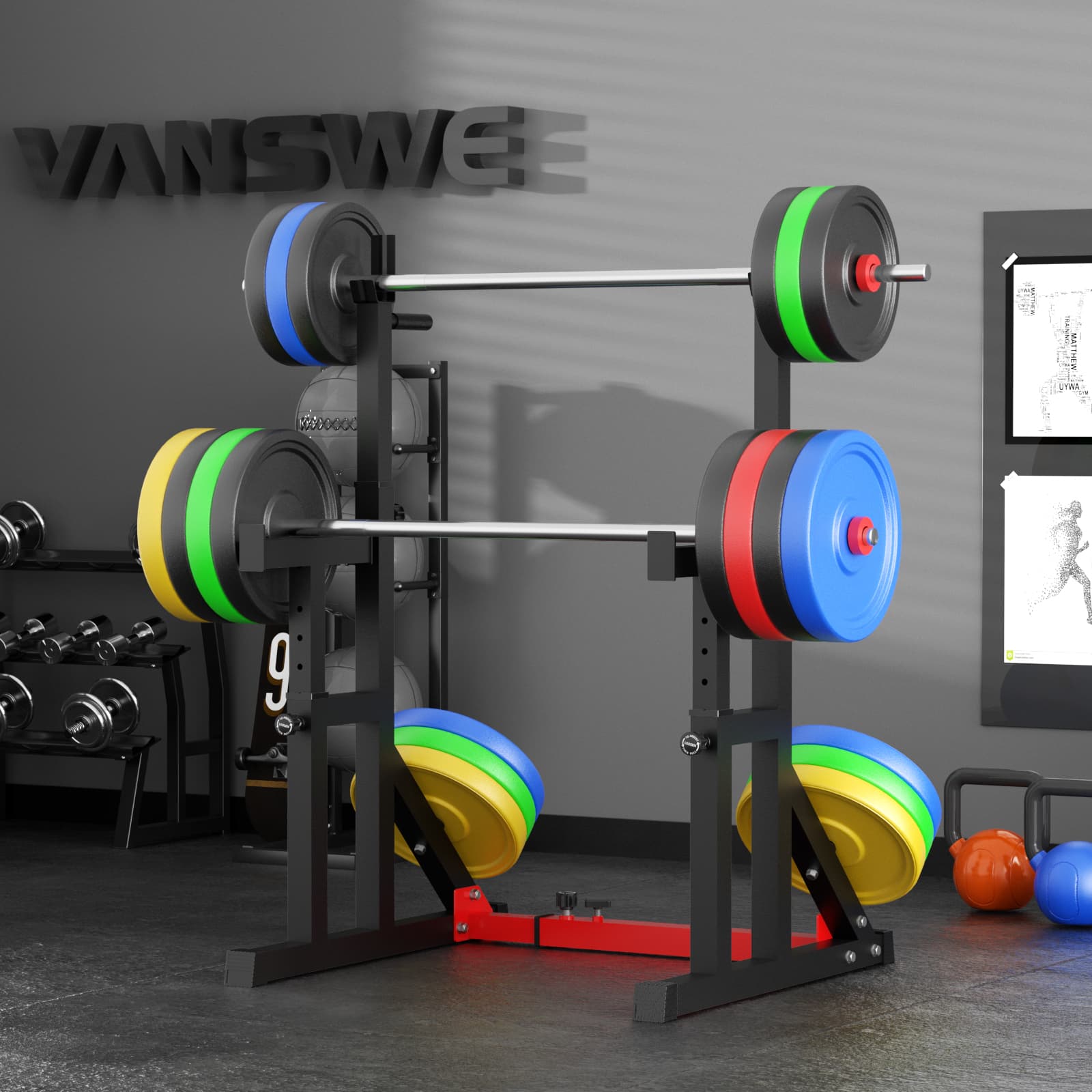 thehome gym squat rack is in a room full of fitness gears.